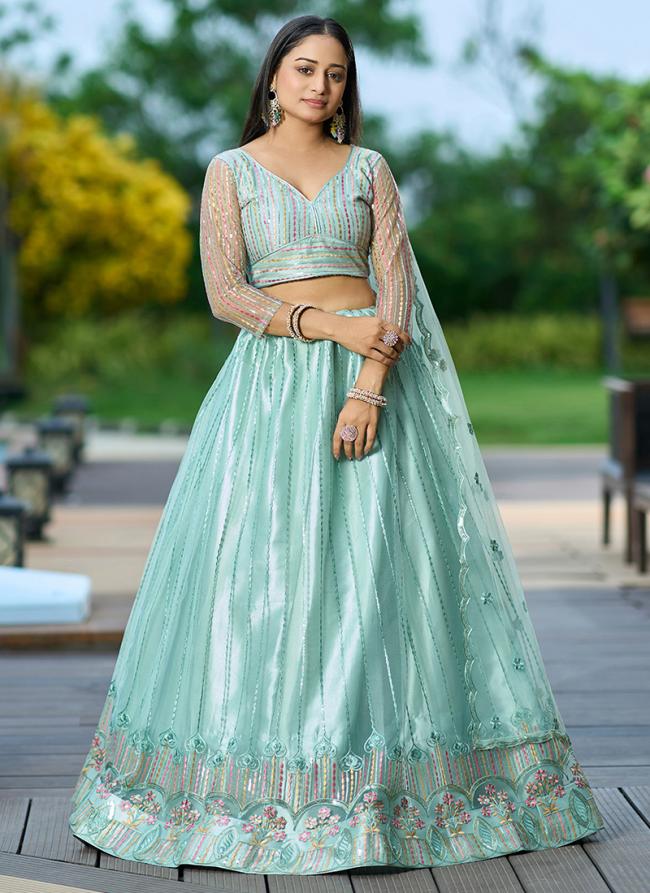 Net Pista Green Party Wear Sequins Work Lehenga Choli